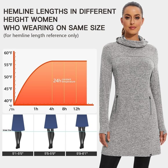 Women's Fleece Dress Running Sweatshirts Dresses with Thumb Holes Pocket Grey - Picture 5 of 6